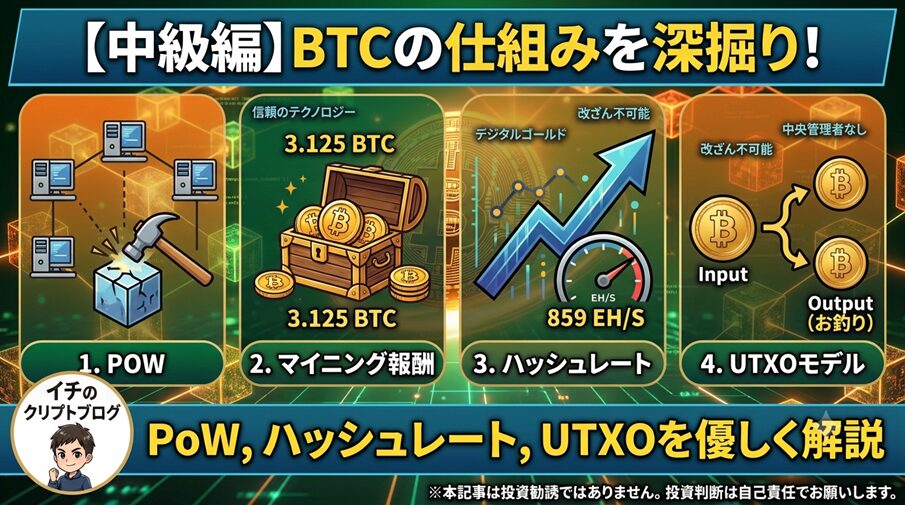 【中級編】ビットコイン（BTC）の仕組みを深掘り！PoWやハッシュレート、UTXOまで優しく解説