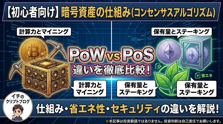 【初心者向け】PoWとPoSの違いとは？暗号資産の仕組み（コンセンサスアルゴリズム）を徹底解説！